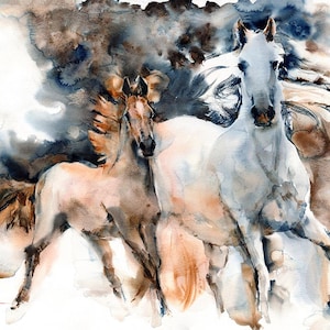 Running horse and foal, Watercolor fine art print from original, Commission Art, Animal Portrait, Gift Idea image 1