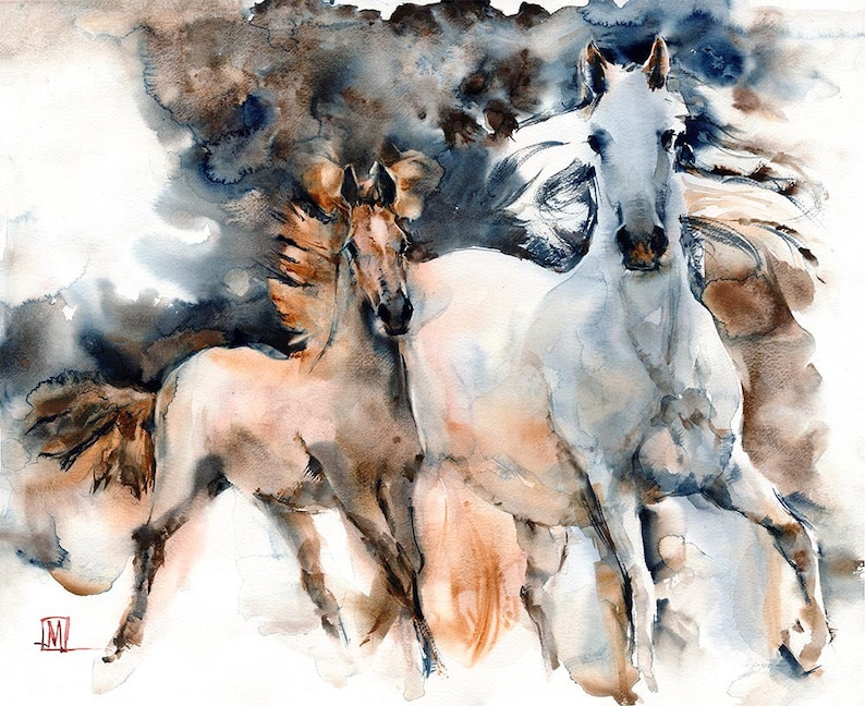 Running horse and foal, Watercolor fine art print from original, Commission Art, Animal Portrait, Gift Idea image 1