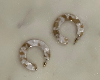 Tortoise Hoop Earrings, White and Tan Resin Hoops, 40mm