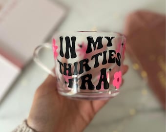 In My Thirties Era 24cl Glass Cup, Perfect for Birthdays, Gift, Thirties Gift, Gift Wrapped, retro floral glass mug,30th birthday gift