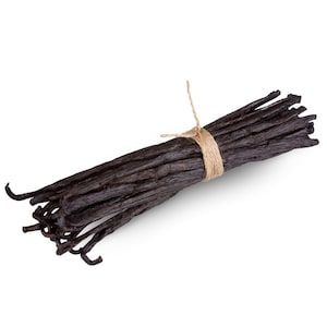 May include: A bundle of dried vanilla beans tied together with twine. The beans are dark brown and have a slightly wrinkled texture.