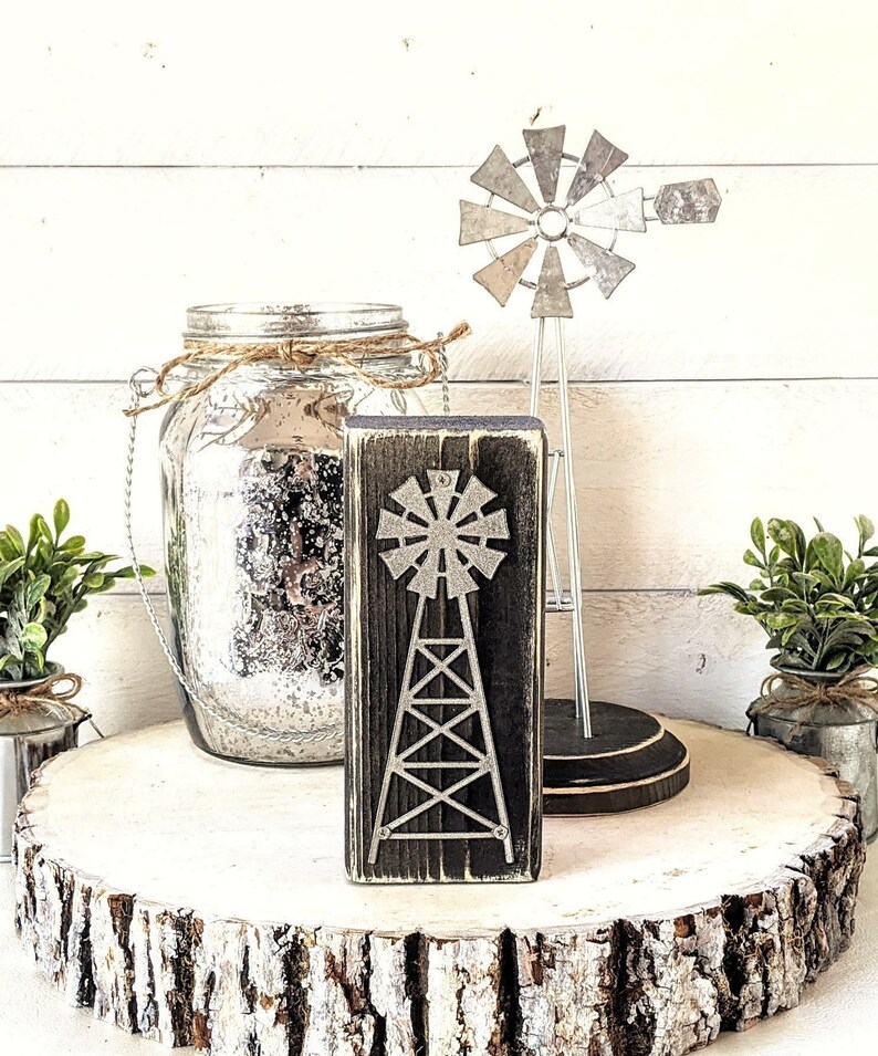 Metal Windmill On Wood Base Rustic Farmhouse Decor Tabletop Etsy