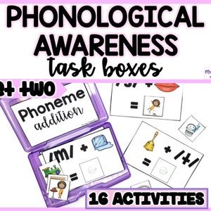 May include: A purple box with a white lid that says "Phoneme addition" and has a picture of a train and a bird. The box is open and shows a white card with a picture of an ice cube and the text "m/ +" and a white card with a picture of a bell and the text "+/+". The box is on a white surface with other cards that have pictures of a mouth, a person, and a snowman. The text "set two" is in the upper left corner of the image. The text "16 ACTIVITIES" is in the lower right corner of the image. The text "Mrs. Moe's Modifications" is in the upper right corner of the image.