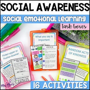 May include: Educational task boxes for social emotional learning. The image shows three open boxes with colorful cards. The boxes are labeled "Picker-upper or Pusher-downer", "What you say is important", and "Random Acts of Kindness". The text "16 ACTIVITIES" is at the bottom.