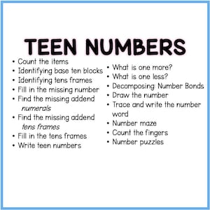 Peut inclure: Un fond blanc avec du texte noir d&eacute;crivant des activit&eacute;s pour enseigner les nombres d'adolescence. Le texte comprend "Compter les objets", "Identifier les blocs de base dix", "Identifier les cadres de dizaines", "Remplir le nombre manquant", "Trouver l'addendum manquant des num&eacute;raux", "Trouver l'addendum manquant des cadres de dizaines", "Remplir les cadres de dizaines", "&Eacute;crire les nombres d'adolescence", "Qu'est-ce qu'un de plus ?", "Qu'est-ce qu'un de moins ?", "D&eacute;composition : Liaisons de nombres", "Dessiner le nombre", "Tracer et &eacute;crire le mot nombre", "Labyrinthe de nombres", "Compter les doigts", et "Puzzles de nombres".