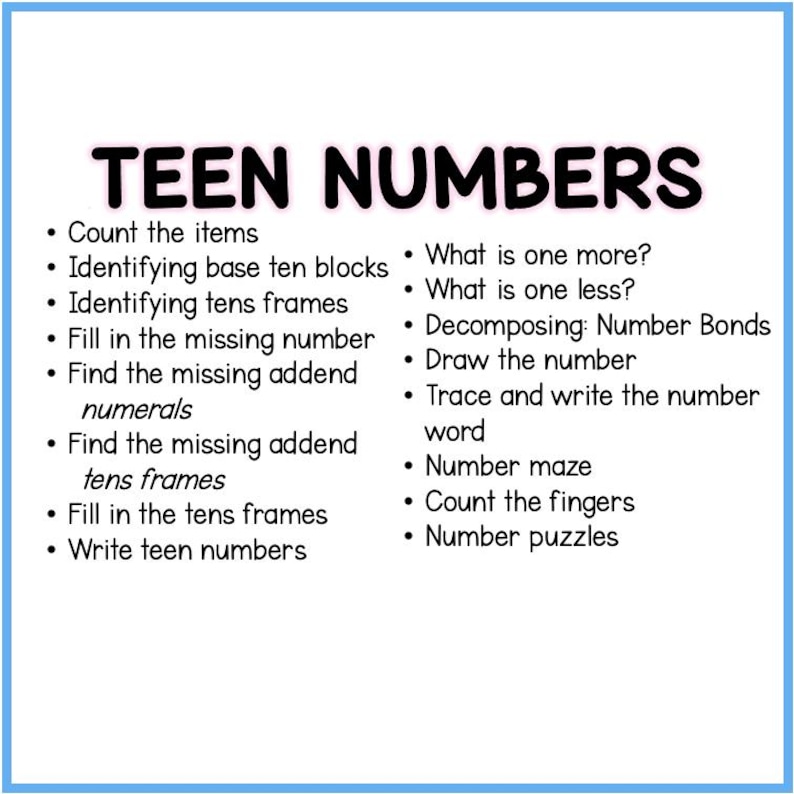 Peut inclure: Un fond blanc avec du texte noir d&eacute;crivant des activit&eacute;s pour enseigner les nombres d'adolescence. Le texte comprend "Compter les objets", "Identifier les blocs de base dix", "Identifier les cadres de dizaines", "Remplir le nombre manquant", "Trouver l'addendum manquant des num&eacute;raux", "Trouver l'addendum manquant des cadres de dizaines", "Remplir les cadres de dizaines", "&Eacute;crire les nombres d'adolescence", "Qu'est-ce qu'un de plus ?", "Qu'est-ce qu'un de moins ?", "D&eacute;composition : Liaisons de nombres", "Dessiner le nombre", "Tracer et &eacute;crire le mot nombre", "Labyrinthe de nombres", "Compter les doigts", et "Puzzles de nombres".