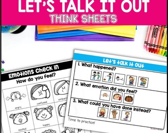May include: Black and white printable worksheet with the title "Let's Talk It Out" and "Emotions Check In: How do you feel?"  The worksheet includes a grid with different emotions and a section for students to reflect on their feelings and actions.