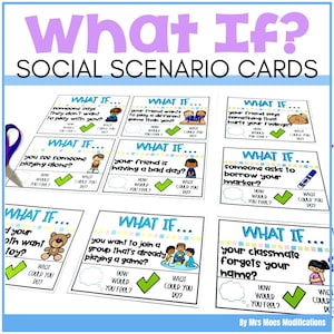 May include: A collection of "What If? Social Scenario Cards" addressing social situations. Each card presents a scenario, prompts about feelings, and potential actions. The cards are illustrated with colourful images and text, suitable for educational use.