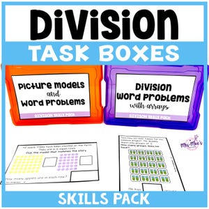 May include: Educational resource titled "Division Task Boxes." The image shows orange and purple containers with text, alongside worksheets for picture models, word problems, and division with arrays. The worksheets contain maths problems.