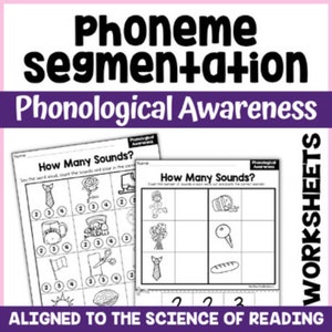 May include: Black and white worksheets for kids to practice phoneme segmentation. The worksheets feature pictures of objects and ask the student to count the number of sounds in each word. The title of the worksheets is "How Many Sounds?" and the text "Phonological Awareness" is included. The worksheets are aligned to the science of reading.