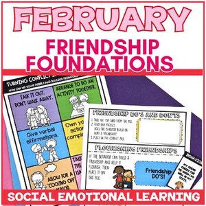 Può includere: Schede didattiche intitolate FEBRUARY FRIENDSHIP FOUNDATIONS e SOCIAL EMOTIONAL LEARNING. Le pagine presentano illustrazioni a fumetti, caselle di testo e istruzioni per ordinare le schede comportamentali in pile di cose da fare e da non fare.