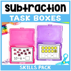 Könnte beinhalten: Ein rosa-lila Subtraktions-Aufgabenbox-Set mit den Worten "subtraction task boxes" in Schwarz und Blau. Das Set enthält zwei offene Boxen mit Subtraktionsaufgaben und eine blaue Schere.