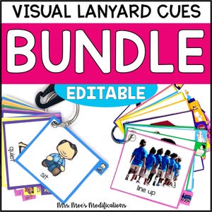 Puede incluir: Un paquete de señales visuales para cordones con la palabra "BUNDLE" en letras blancas grandes sobre un fondo rosa. La palabra "EDITABLE" está en un óvalo azul. Las señales incluyen imágenes con las palabras "sit" y "line up".