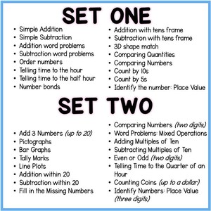 Peut inclure: Un tableau bleu et blanc avec le texte "SET ONE" et "SET TWO" en noir. Le tableau liste les comp&eacute;tences math&eacute;matiques pour les &eacute;l&egrave;ves de premi&egrave;re et deuxi&egrave;me ann&eacute;e.  SET ONE comprend des comp&eacute;tences comme l'addition simple, la soustraction et la lecture de l'heure. SET TWO comprend des comp&eacute;tences comme l'addition de multiples de dix, la comparaison de nombres et la lecture de l'heure au quart d'heure.