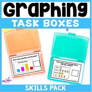 May include: Two clear plastic boxes with lids, each containing a printable task card for a graphing activity. The first card asks "How many kids like red the best?" and shows a bar graph of favorite colors. The second card asks "How many more people liked fall than winter?" and shows a pictograph of favorite seasons.