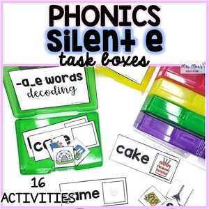 May include: Green plastic storage box with a lid that says '-a_e words decoding' on the front. The box contains 16 activities for learning phonics, including cards with pictures and words like 'cake' and 'same'.