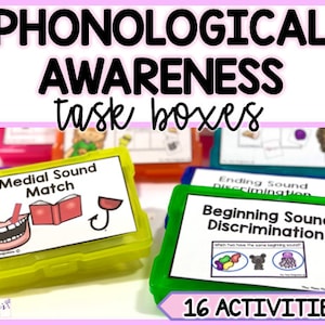May include: A set of 16 colourful plastic boxes with different activities for teaching phonological awareness. Each box has a label with a different activity, such as "Medial Sound Match" or "Beginning Sound Discrimination".