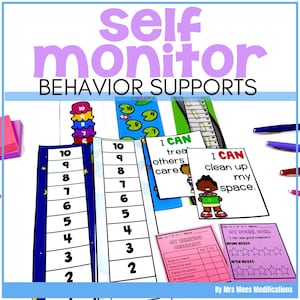 Puede incluir: Materiales educativos de apoyo conductual con las palabras "self monitor behavior supports" en la parte superior. Incluye gráficos numéricos, tarjetas de "Puedo" y listas de verificación. Diseñado para ayudar a los niños a controlar y mejorar su comportamiento.