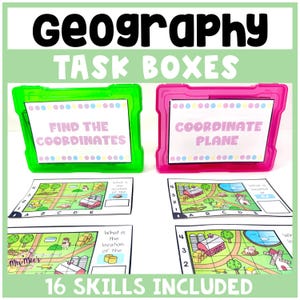 Puede incluir: Un conjunto de cajas de tareas de geografía con el texto "Geography TASK BOXES". Las cajas son verdes y rosas, con el texto "FIND THE COORDINATES" y "COORDINATE PLANE". La imagen incluye mapas y el texto "16 SKILLS INCLUDED".