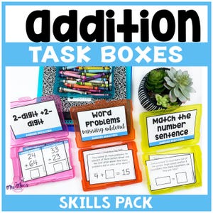 May include: Four colourful plastic boxes with lids labelled "2-digit + 2-digit", "Word Problems missing addend", "Match the number sentence", and "Addition Skills Pack". Each box contains cards with addition problems.