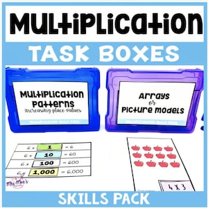 May include: Educational resource featuring multiplication task boxes. The image shows blue and purple containers with labels for multiplication patterns and picture models. Below are examples of multiplication problems and arrays.