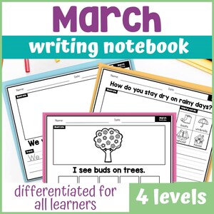 Può includere: Un set di quattro fogli di lavoro stampabili per un quaderno di scrittura di marzo. I fogli di lavoro presentano diversi livelli di prompt di scrittura, tra cui una pagina vuota, una pagina con un prompt su come rimanere asciutti nei giorni di pioggia, una pagina con un prompt su come vedere le gemme sugli alberi e una pagina con un prompt sul mese di marzo. I fogli di lavoro sono differenziati per tutti gli studenti.