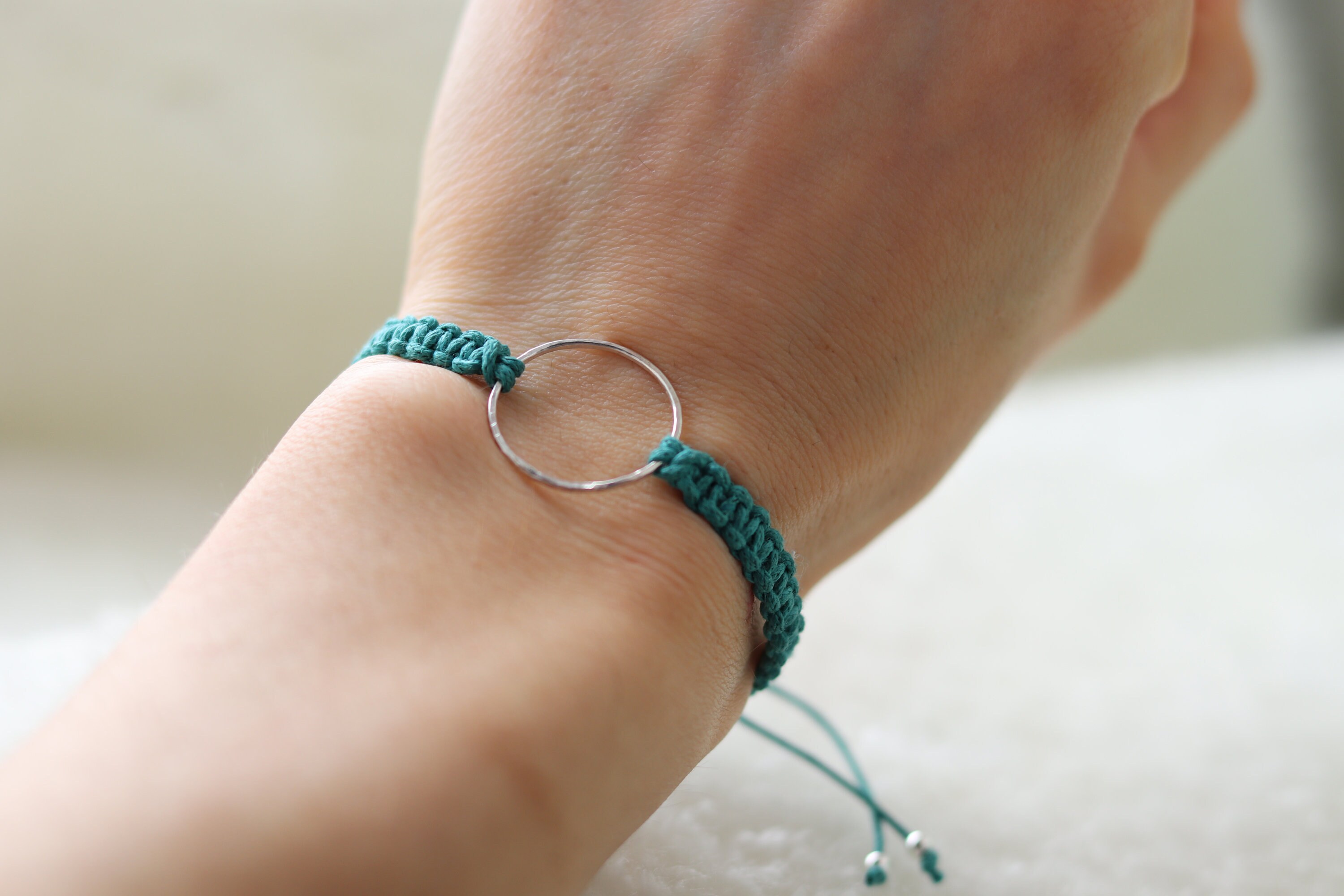 Teal Green Hammered Sterling Silver Ring Circle Woven