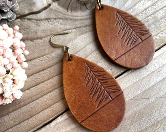 Pine Tree Leather Teardrop Earrings - Hand Carved Pine Tree Scene on Teardrop Leather Earrings