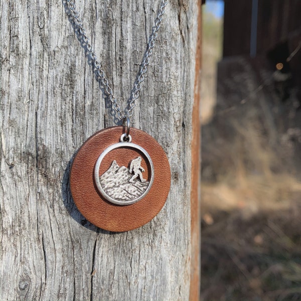 Sasquatch Bigfoot Leather Necklace - Circle Leather Pendant - Coconut Wood Pendant - Bigfoot Necklace - Outdoorsy Leather Necklace