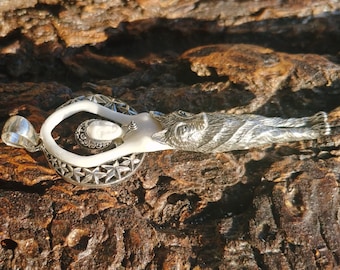 Hand Carved Ox Bone Celtic Wolf Goddess Sterling Silver Pendant