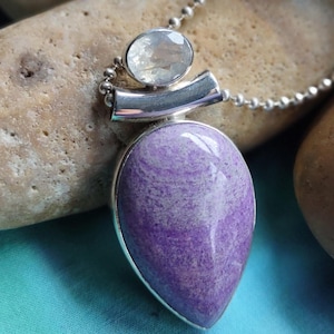 African Sugilite Teardrop - Ingapani -  purple with Moonstone -  Solid Sterling Silver Pendant