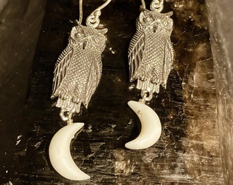 Goddess Designs / Detailed Owl with Hand Carved Bone Moon Dangle Sterling Silver Earrings