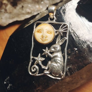 Sterling Silver Rabbit and Carved Cattle Bone Full Moon Pendant by Goddess Design Studio