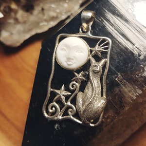 Goddess Designs / Sterling Silver Cat and Carved Tea Stained Bone Full Moon Pendant