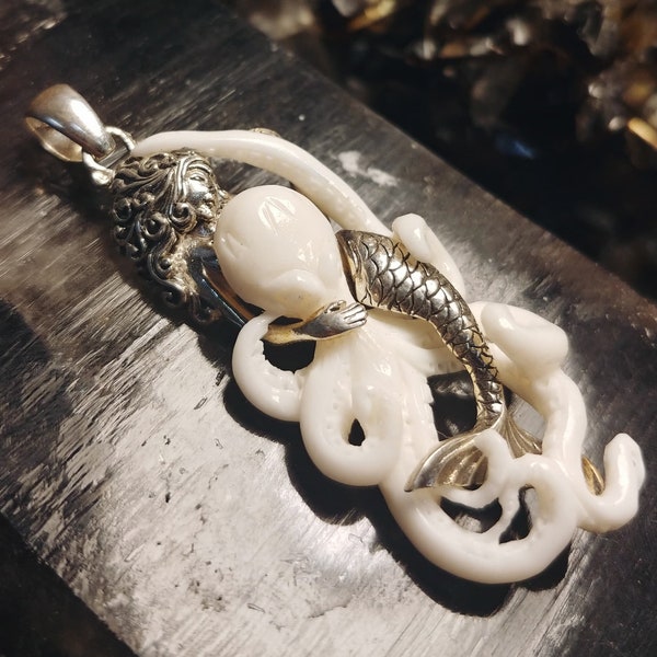 Sterling Silver and Carved Ox Bone Octopus and Mermaid Pendant by Goddess Design Studio