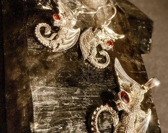 Goddess Designs / Detailed Dragon with Garnets Sterling Silver Pendant and Earrings