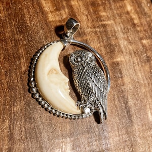 Hand Carved Bone Moon and Owl Sterling Silver Pendant