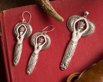 Goddess Designs / Carved Ox Bone Egyptian Cat Goddess Bastet Sterling Silver Pendant and Earring Jewelry Set