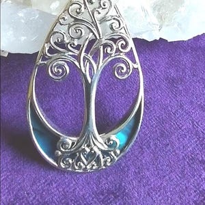Goddess Designs / Detailed Tree of Life with Blue Abalone Shell Solid Sterling Silver Pendant