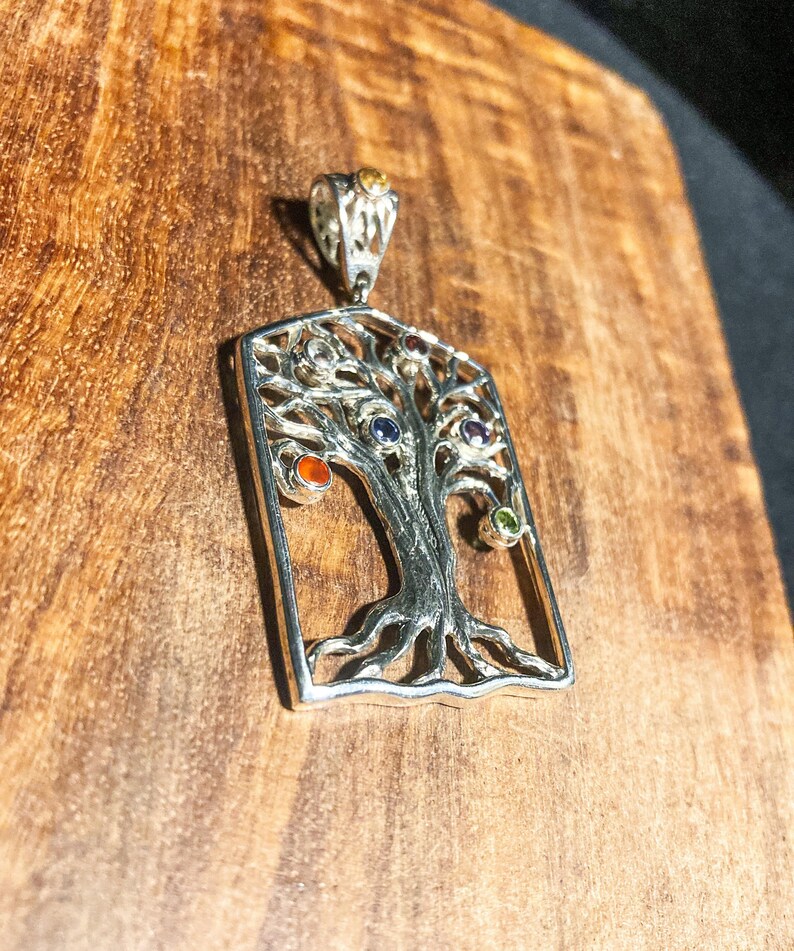 Goddess Designs Detailed Tree of Life Sterling Silver Pendant with Chakra Alignment Stones and Sun Bail