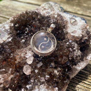 Hand Etched Yin-Yang Sun Clear Quartz Sterling Silver Pendant