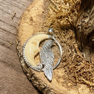 Goddess Designs / Detailed Raven with Hand Carved Tea Stained Bone Moon Sterling Silver Pendant