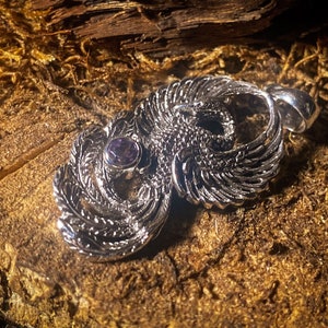 Goddess Designs / Detailed Phoenix with Amethyst Sterling Silver Pendant