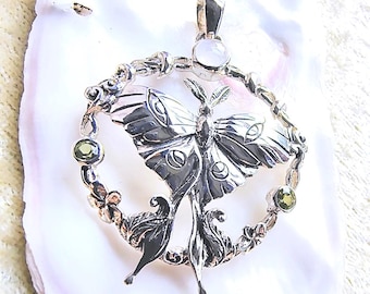 Lunar Moth Solid Sterling Silver Pendant with Rainbow Moonstone and varying accent stones - Goddess Designs