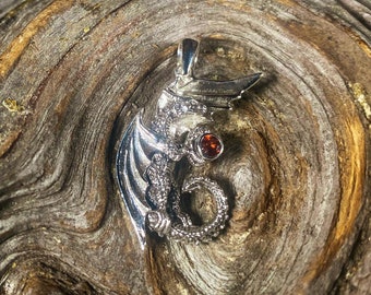 Goddess Designs / Detailed Flying Dragon with Almandine Garnet Sterling Silver Pendant