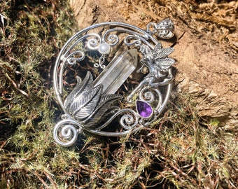 Goddess Designs / Detailed Flying Fairy in Tulip Garden with Amethyst, Freshwater Pearl, and Clear Quartz Point Sterling Silver Pendant