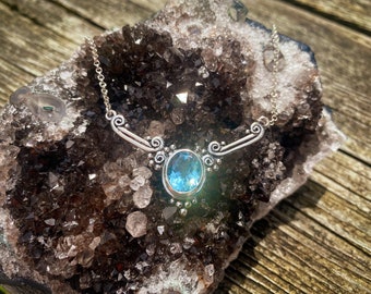 Precious Treasures / Faceted Blue Topaz Victorian Inspired Sterling Silver Necklace