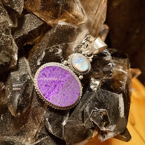 Ingapani / Rainbow Moonstone and African Sugilite Sterling Silver Statement Pendant