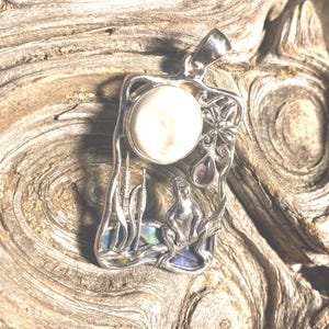 Goddess Designs / Detailed Frog and Dragonfly with Abalone River, Bone Moon, and Amethyst Raindrop - Statement Solid Sterling Silver Pendant