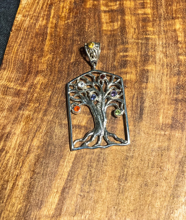 Goddess Designs Detailed Tree of Life Sterling Silver Pendant with Chakra Alignment Stones and Sun Bail